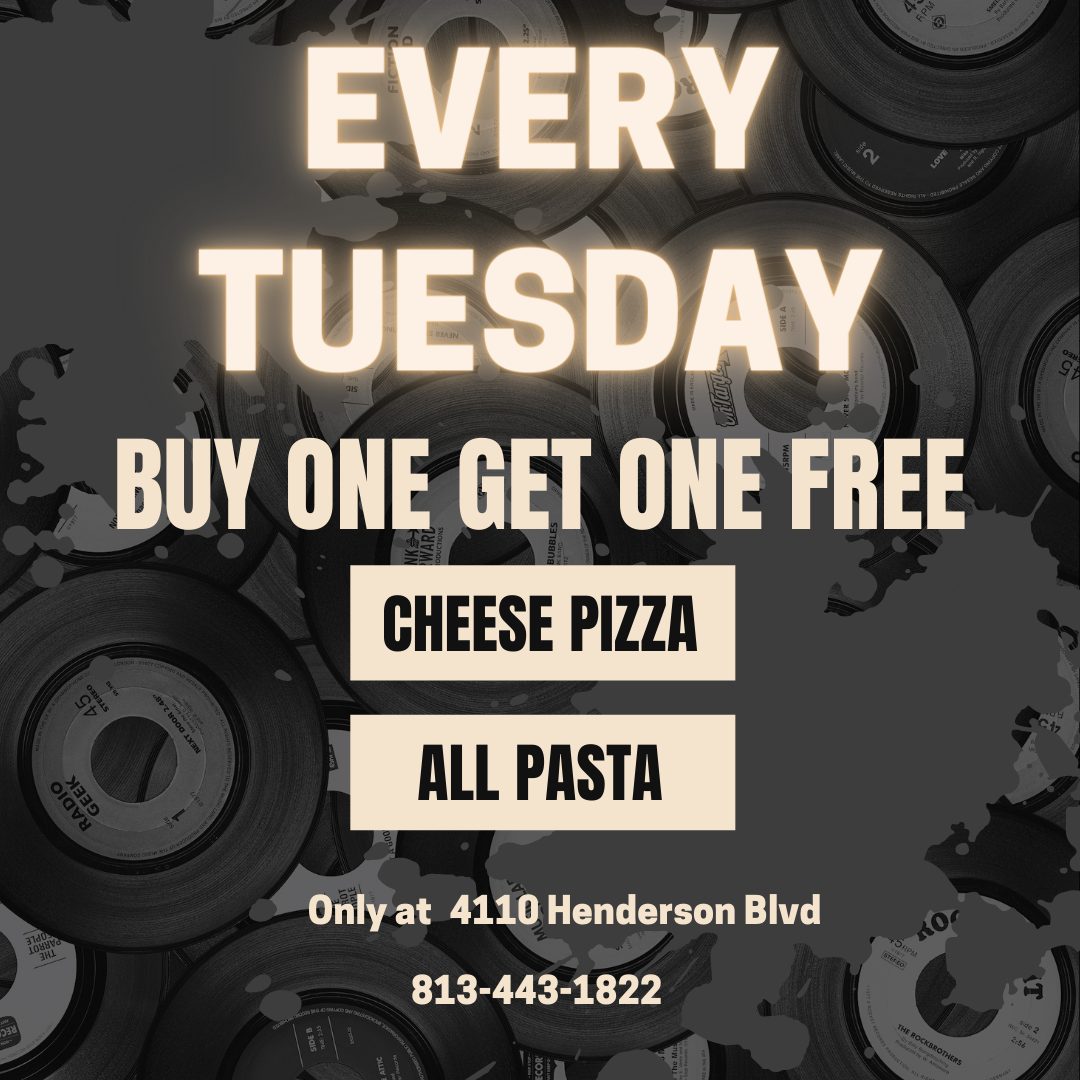 Every Tuesday Buy One Get One Free Cheese Pizza and All Pasta at 4110 Henderson Blvd